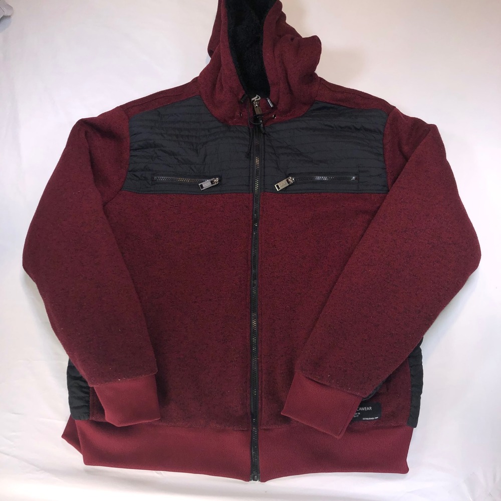 Rocawear Mens 2XL Full Zip Hoodie Burgundy Black Mixed Media Quilted Jacket